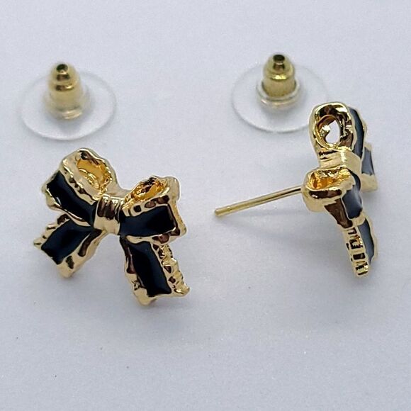 Black & Gold Bow Ribbon Earrings On Trend Bowtie Detail Shaped Bowknot Studs - Picture 9 of 10